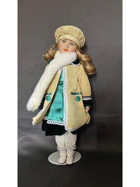 Ashley Belle Porcelain Doll 18 Inches In Winter Outfit With Hat Scarf & Stand Bl